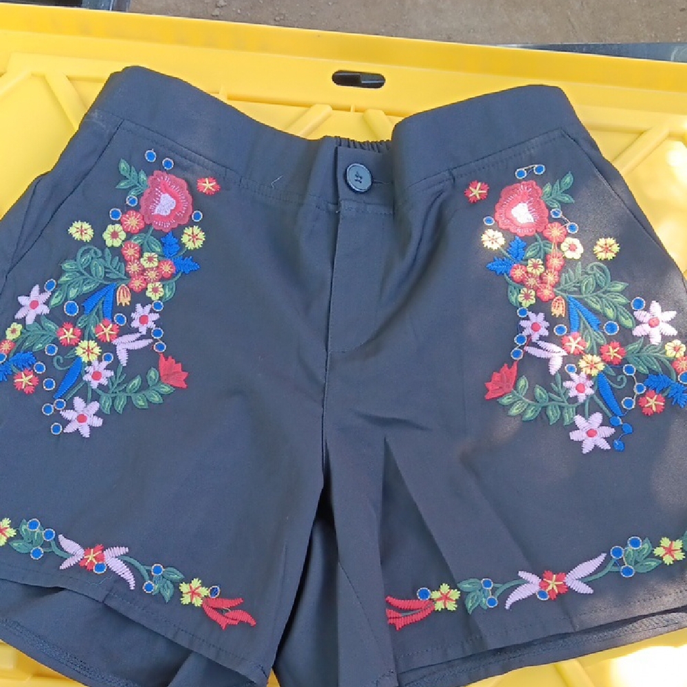 Black Bermuda Shorts with Intricate Floral Embroidery